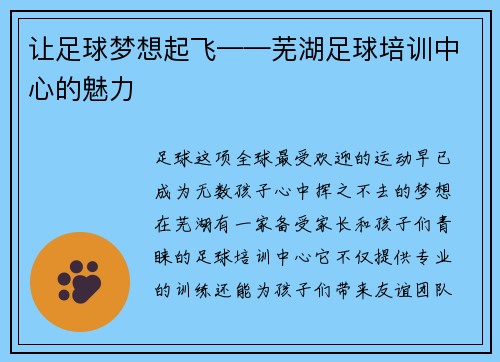 让足球梦想起飞——芜湖足球培训中心的魅力
